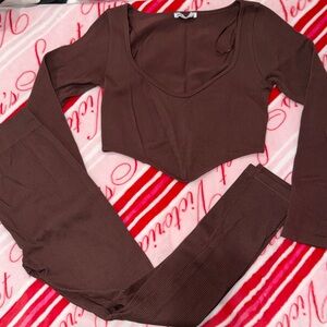 ZARA Brown Ribbed Long Sleeve Crop Top & Leggings Set